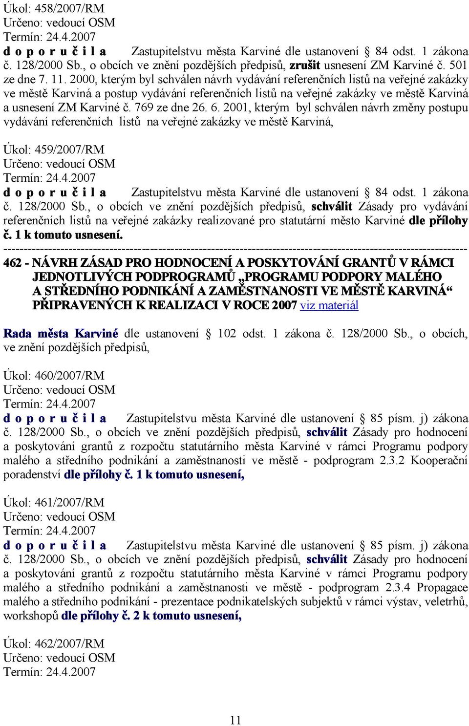 769 ze dne 26. 6. 2001, kterým byl schválen návrh změny postupu vydávání referenčních listů na veřejné zakázky ve městě Karviná, Úkol: 45