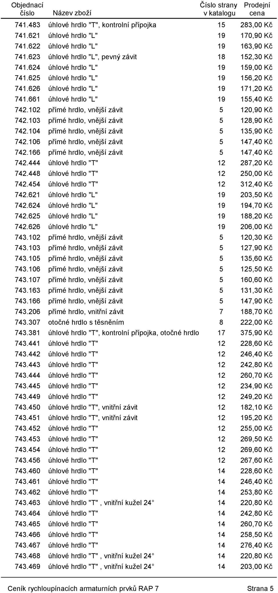 106 přímé hrdlo, vnější závit 5 742.166 přímé hrdlo, vnější závit 5 742.444 úhlové hrdlo "T" 12 742.448 úhlové hrdlo "T" 12 742.454 úhlové hrdlo "T" 12 742.621 úhlové hrdlo "L" 19 742.