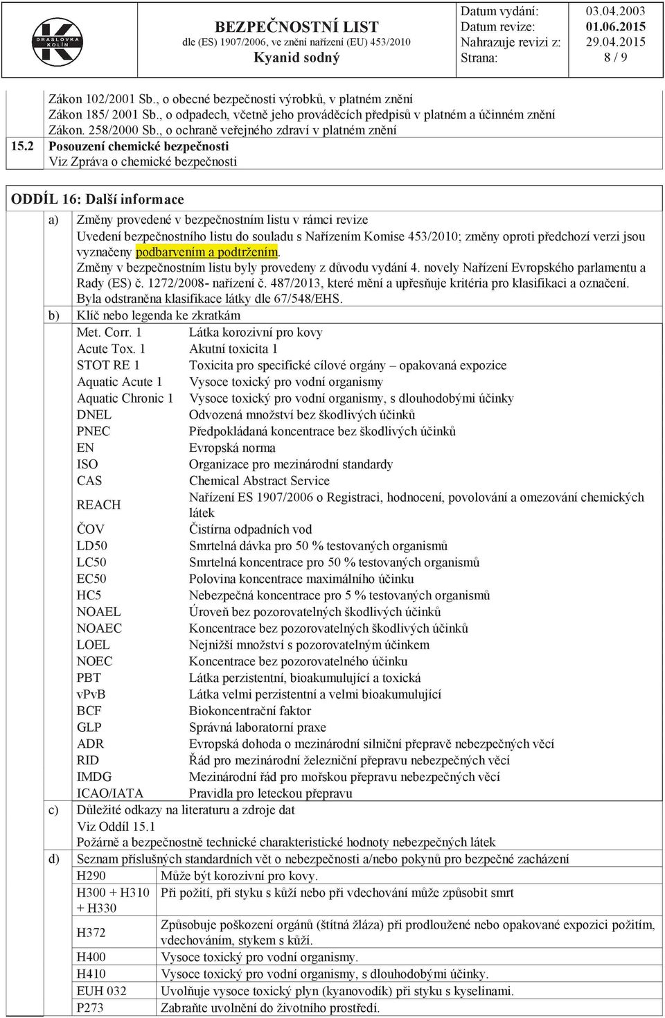 2 Posouzení chemické bezpečnosti Viz Zpráva o chemické bezpečnosti ODDÍL 16: Další informace a) Změny provedené v bezpečnostním listu v rámci revize Uvedení bezpečnostního listu do souladu s