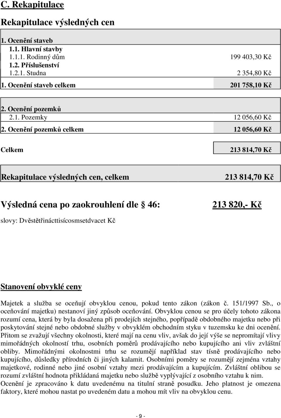 Ocenění pozemků celkem 12 056,60 Kč Celkem 213 814,70 Kč Rekapitulace výsledných cen, celkem 213 814,70 Kč Výsledná cena po zaokrouhlení dle 46: 213 820,- Kč slovy: Dvěstětřinácttisícosmsetdvacet Kč