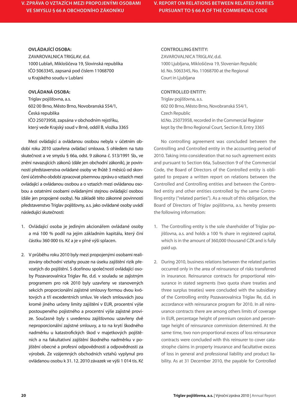 d. 1000 Lublaň, Miklošičeva 19, Slovinská republika IČO 5063345, zapsaná pod číslem 11068700 u Krajského soudu v Lublani CONTROLLING ENTITY: ZAVAROVALNICA TRIGLAV, d.d. 1000 Ljubljana, Miklošičeva 19, Slovenian Republic Id.