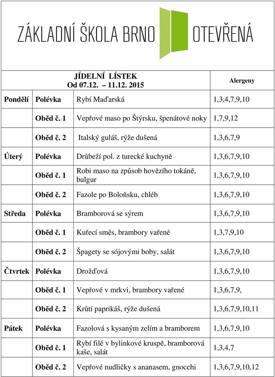 směs, brambory vařené 1,3,7,9,10 Špagety se sójovými boby, salát 1,3,6,7,9,10 Čtvrtek Drožďová 1,3,6,7,9,10 Vepřové v mrkvi, brambory vařené 1,3,6,7,9, Krůtí paprikáš, rýže