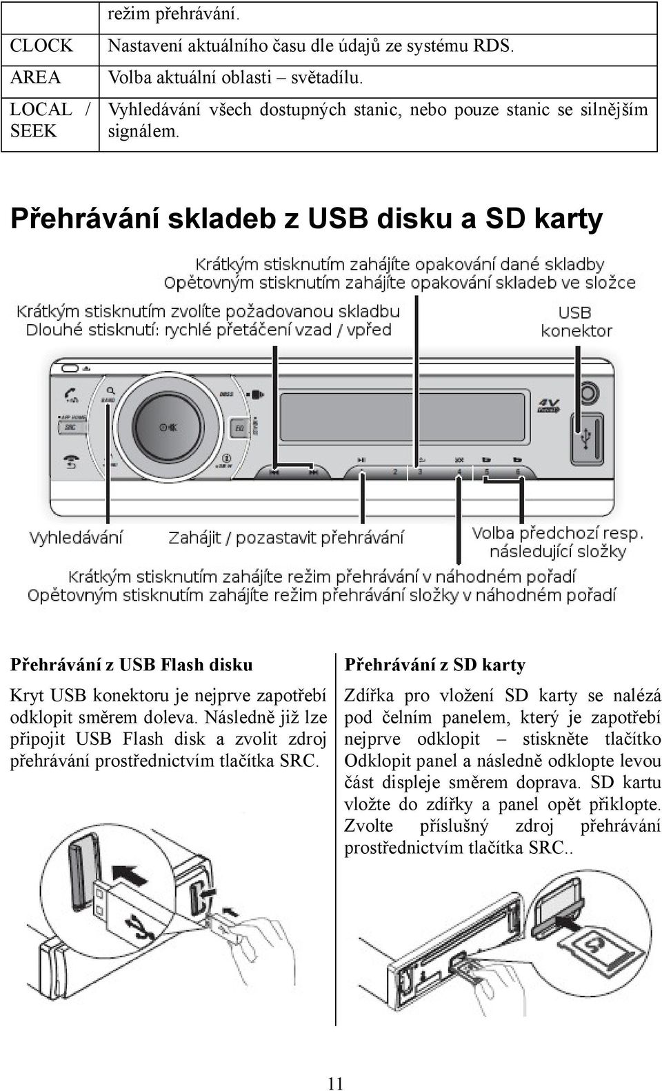 Přehrávání skladeb z USB disku a SD karty Přehrávání z USB Flash disku Kryt USB konektoru je nejprve zapotřebí odklopit směrem doleva.