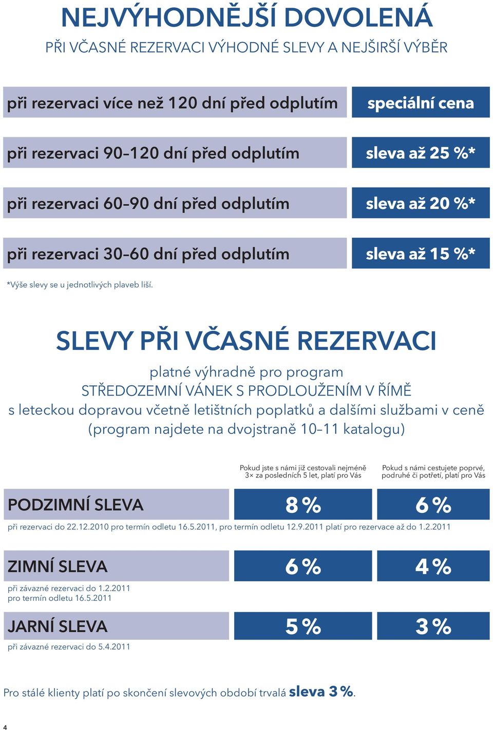 Slevy při včasné rezervaci platné výhradně pro program STŘEDOZEMNÍ VÁNEK S PRODLOUŽENÍM V ŘÍMĚ s leteckou dopravou včetně letištních poplatků a dalšími službami v ceně (program najdete na dvojstraně