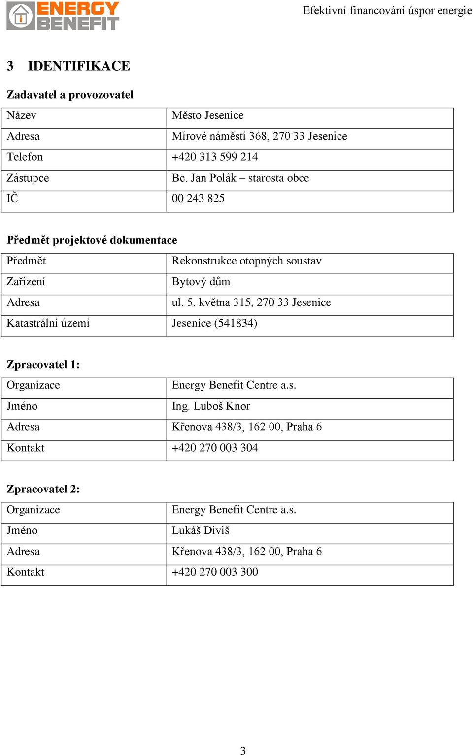 května 315, 270 33 Jesenice Katastrální území Jesenice (541834) Zpracovatel 1: Organizace Energy Benefit Centre a.s. Jméno Ing.