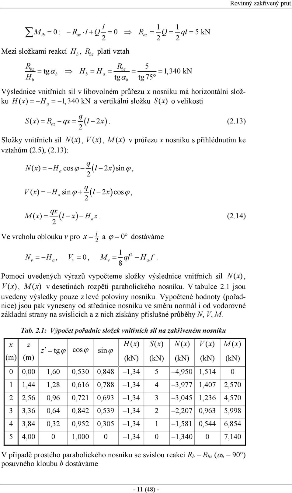 5), (.13): q N( x) = Ha cosϕ ( l x) sinϕ, q V( x) = Ha sinϕ + ( l x) cosϕ, qx M ( x) = ( l x) Haz. (.14) Ve vrcholu oblouku v pro N v = H, V = 0, a v x = l a ϕ = 0 dostáváme 1 =.