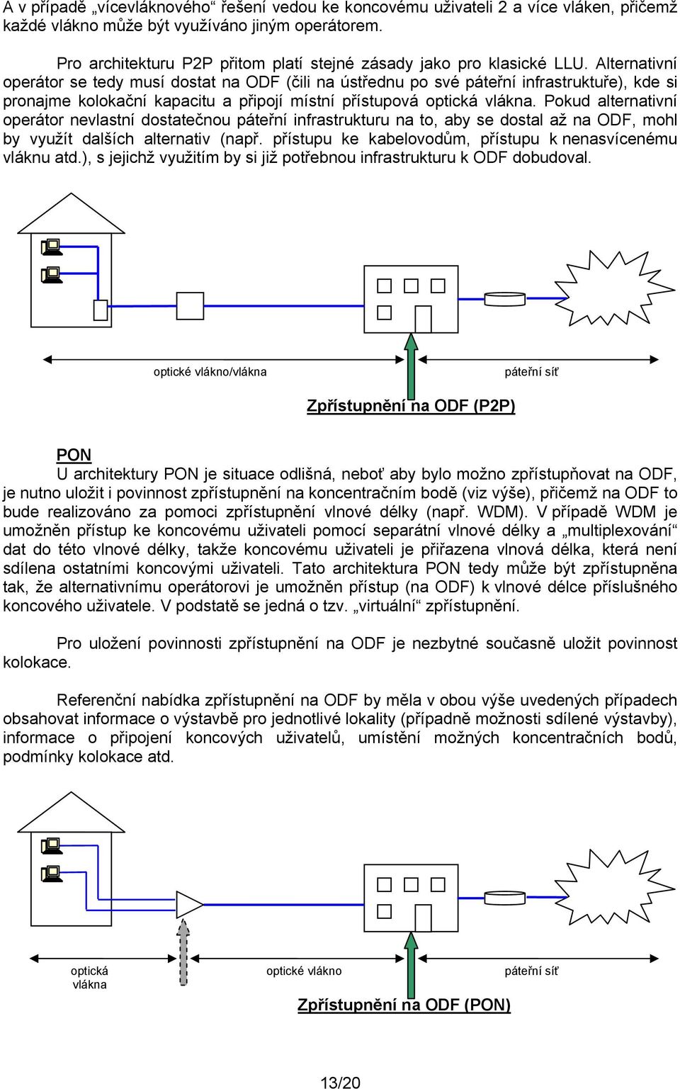 Alternativní operátor se tedy musí dostat na ODF (čili na ústřednu po své páteřní infrastruktuře), kde si pronajme kolokační kapacitu a připojí místní přístupová optická vlákna.