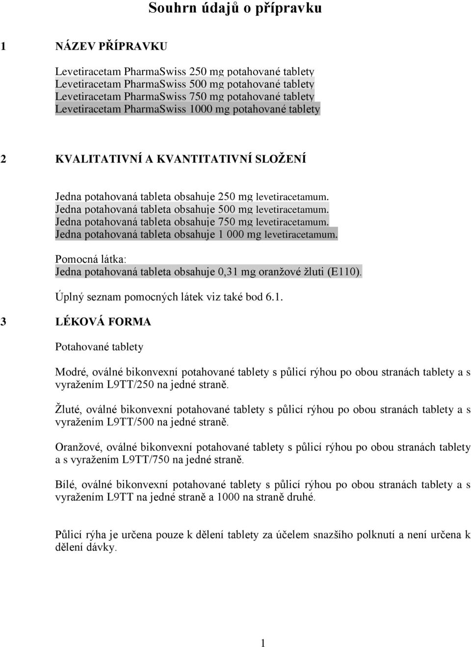 Jedna potahovaná tableta obsahuje 500 mg levetiracetamum. Jedna potahovaná tableta obsahuje 750 mg levetiracetamum. Jedna potahovaná tableta obsahuje 1 000 mg levetiracetamum.