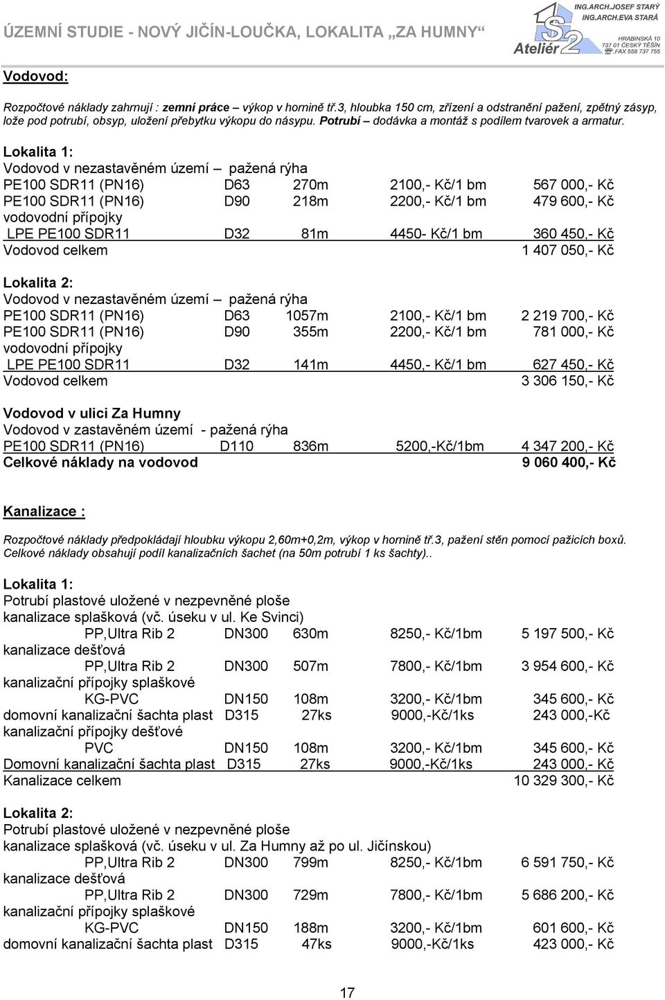 Vodovod v nezastavěném území pažená rýha PE100 SDR11 (PN16) D63 270m 2100,- Kč/1 bm 567 000,- Kč PE100 SDR11 (PN16) D90 218m 2200,- Kč/1 bm 479 600,- Kč vodovodní přípojky LPE PE100 SDR11 D32 81m