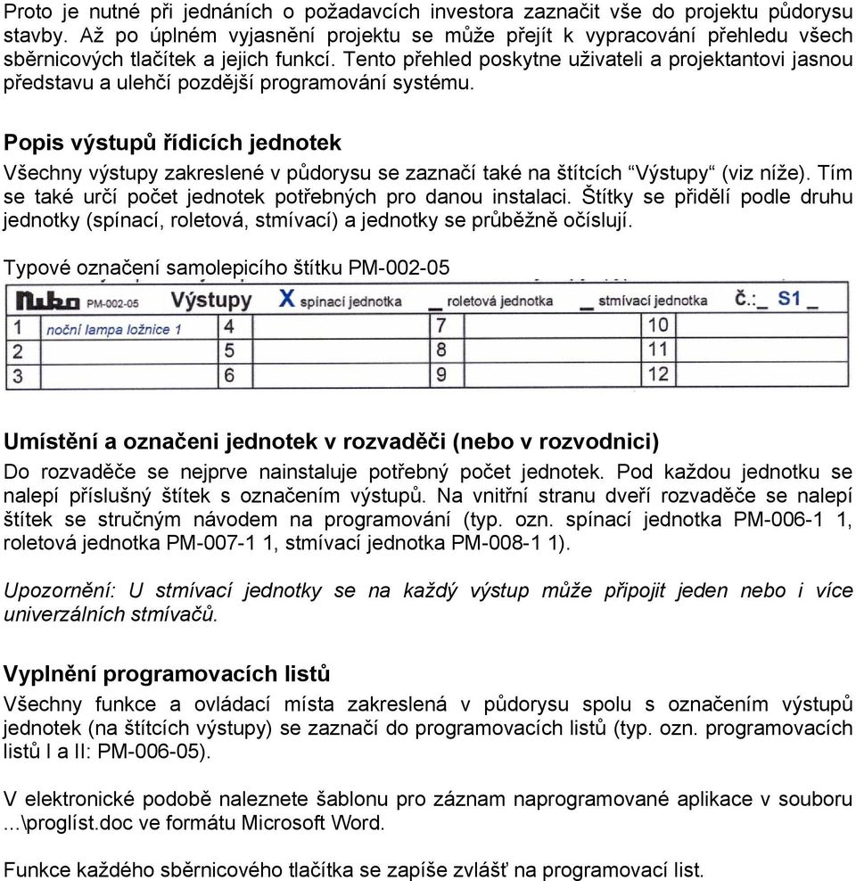 Tento přehled poskytne uživateli a projektantovi jasnou představu a ulehčí pozdější programování systému.