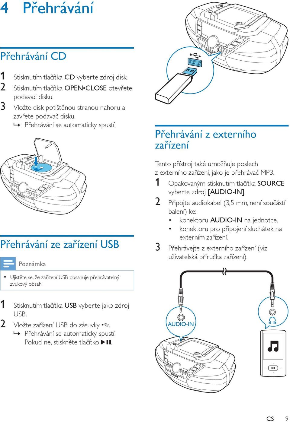 Přehrávání z externího zařízení Tento přístroj také umožňuje poslech z externího zařízení, jako je přehrávač MP3. 1 Opakovaným stisknutím tlačítka SOURCE vyberte zdroj [AUDIO-IN].