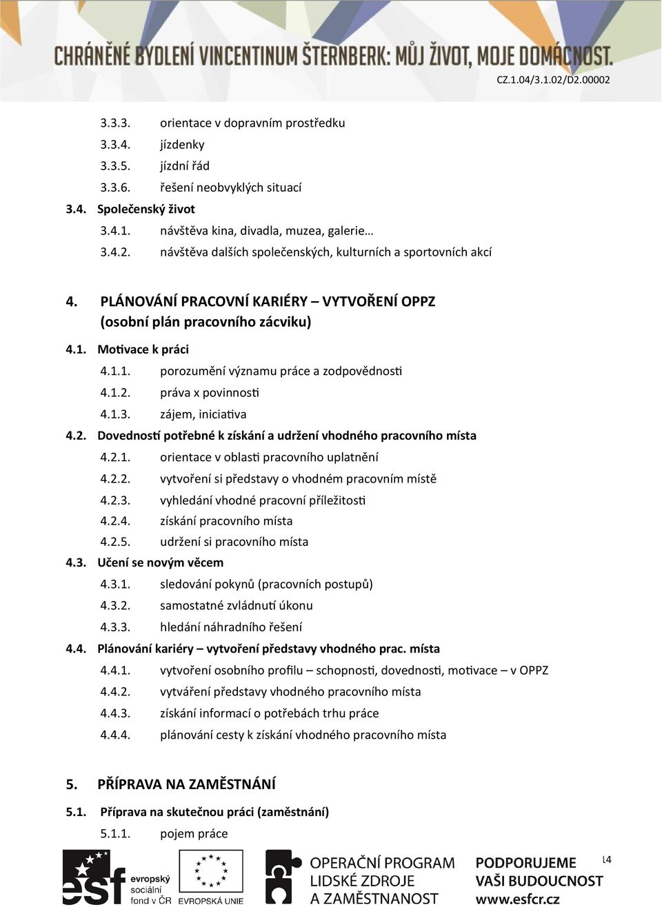 1.2. práva x povinnosti 4.1.3. zájem, iniciativa 4.2. Dovedností potřebné k získání a udržení vhodného pracovního místa 4.2.1. orientace v oblasti pracovního uplatnění 4.2.2. vytvoření si představy o vhodném pracovním místě 4.