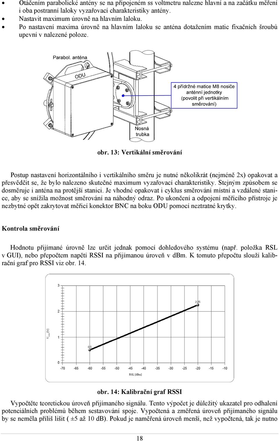 13: Vertikální směrování Postup nastavení horizontálního i vertikálního směru je nutné několikrát (nejméně 2x) opakovat a přesvědčit se, že bylo nalezeno skutečné maximum vyzařovací charakteristiky.