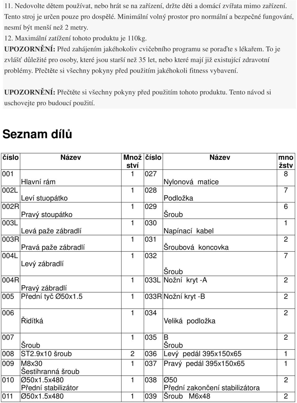 UPOZORNĚNÍ: Před zahájením jakéhokoliv cvičebního programu se poraďte s lékařem. To je zvlášť důležité pro osoby, které jsou starší než 35 let, nebo které mají již existující zdravotní problémy.