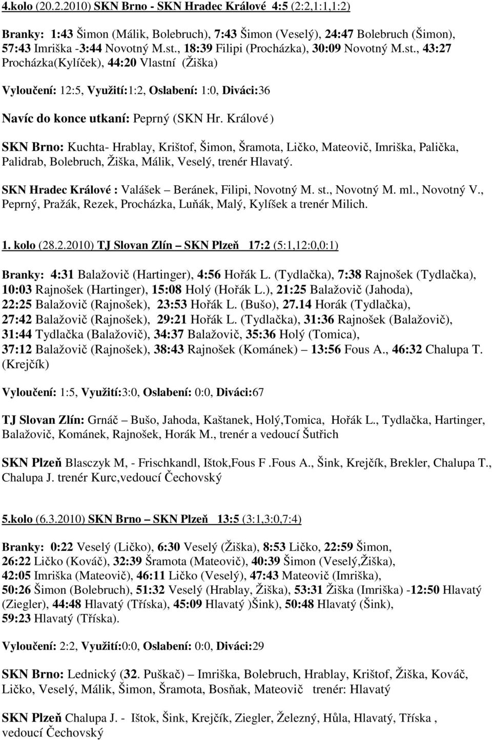 Králové ) SKN Brno: Kuchta- Hrablay, Krištof, Šimon, Šramota, Ličko, Mateovič, Imriška, Palička, Palidrab, Bolebruch, Žiška, Málik, Veselý, trenér Hlavatý.