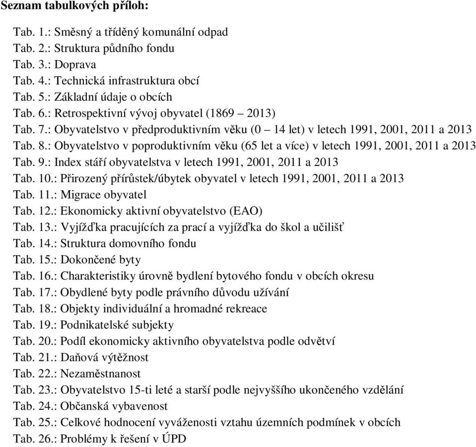 : Obyvatelstvo v poproduktivním v ku (65 let a více) v letech 1991, 2001, 2011 a 2013 Tab. 9.: Index stá í obyvatelstva v letech 1991, 2001, 2011 a 2013 Tab. 10.