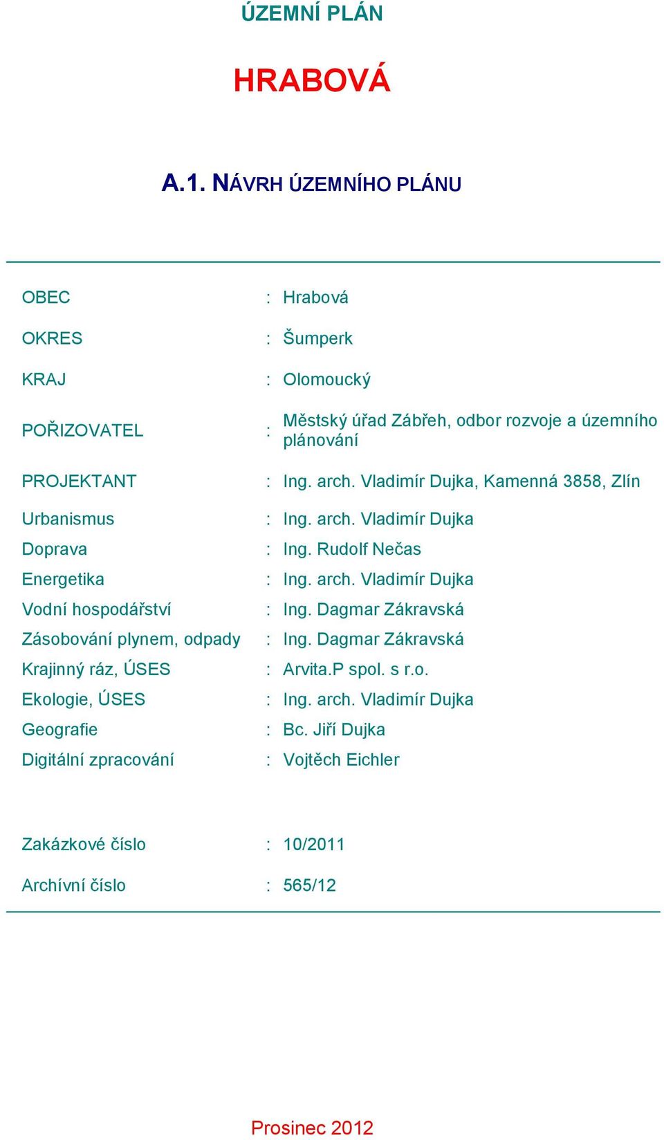 Urbanismus Doprava Energetika Vodní hospodářství Zásobování plynem, odpady Krajinný ráz, ÚSES Ekologie, ÚSES Geografie Digitální zpracování : Ing. arch.