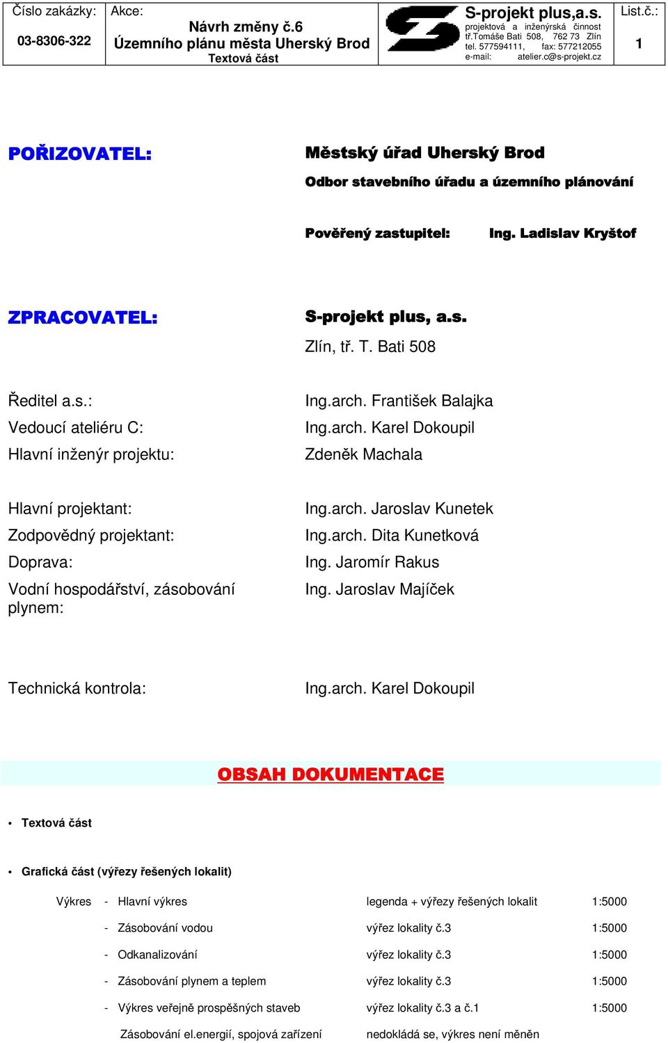 Ladislav Kryštof ZPRACOVATEL: S-projekt plus, a.s. Zlín, tř. T. Bati 508 Ředitel a.s.: Vedoucí ateliéru C: Hlavní inženýr projektu: Ing.arch.