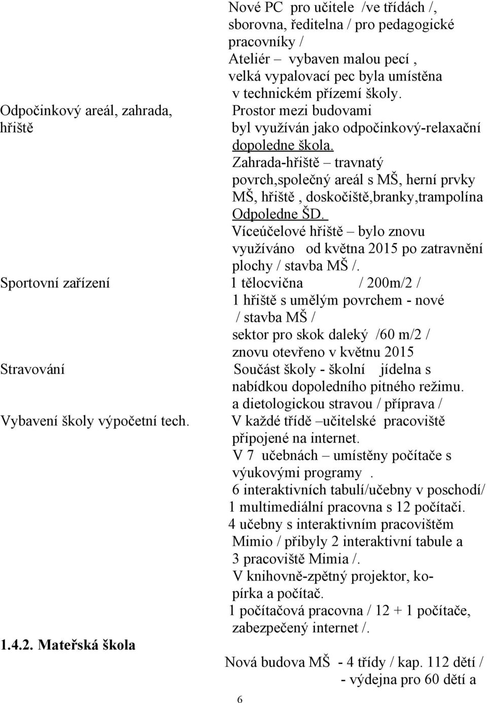 Zahrada-hřiště travnatý povrch,společný areál s MŠ, herní prvky MŠ, hřiště, doskočiště,branky,trampolína Odpoledne ŠD.