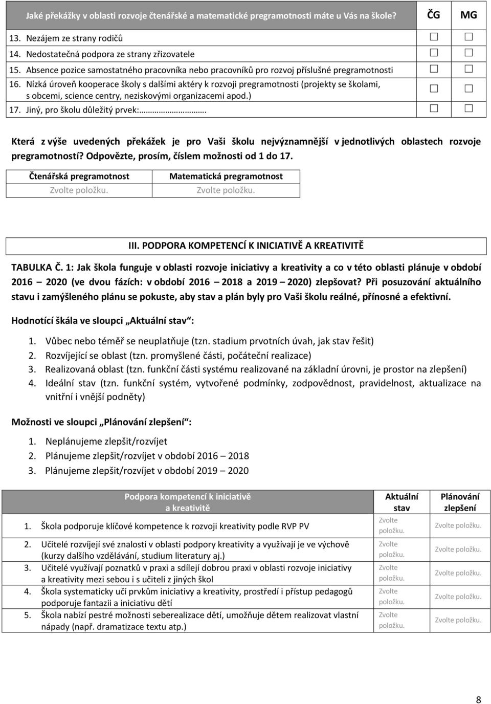 Nízká úroveň kooperace školy s dalšími aktéry k rozvoji pregramotnosti (projekty se školami, s obcemi, science centry, neziskovými organizacemi apod.) 17. Jiný, pro školu důležitý prvek:.