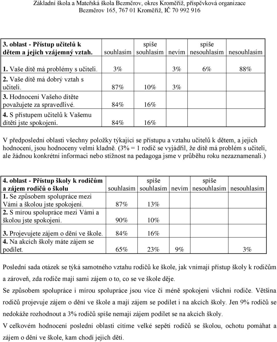 84% 16% V předposlední oblasti všechny poloţky týkající se přístupu a vztahu učitelů k dětem, a jejich hodnocení, jsou hodnoceny velmi kladně.