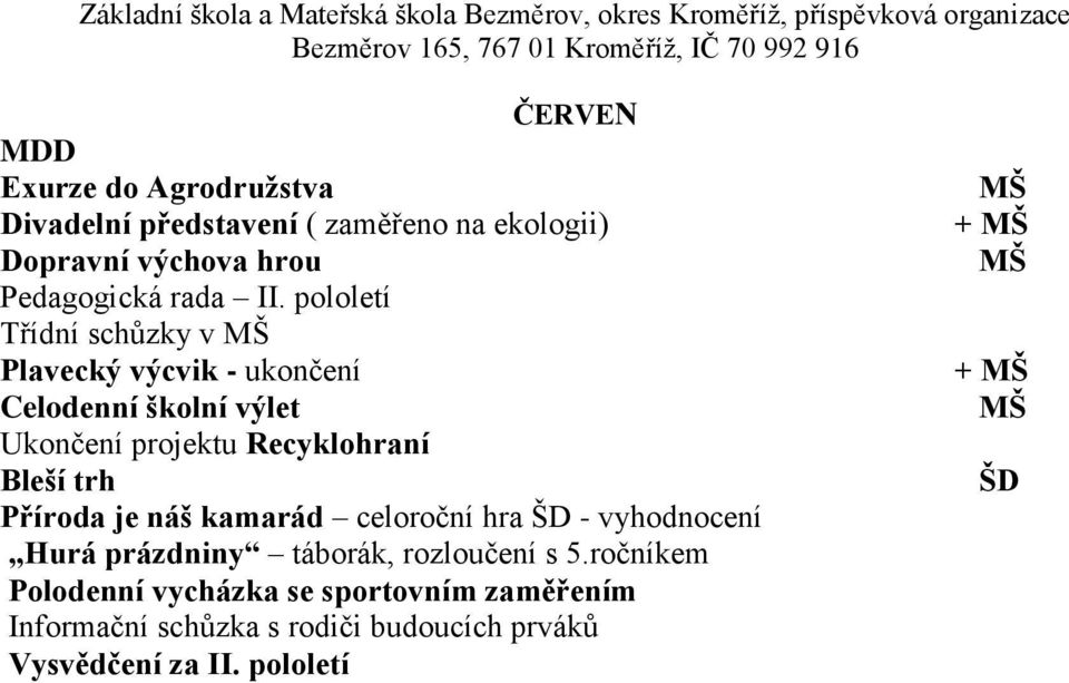 pololetí Třídní schůzky v Plavecký výcvik - ukončení Celodenní školní výlet Ukončení projektu Recyklohraní Bleší