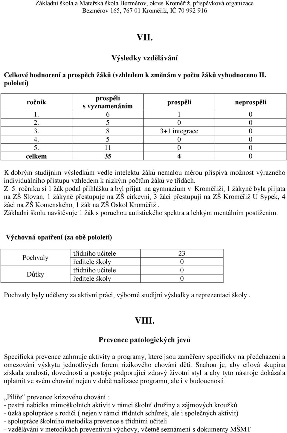 11 0 0 celkem 35 4 0 K dobrým studijním výsledkům vedle intelektu ţáků nemalou měrou přispívá moţnost výrazného individuálního přístupu vzhledem k nízkým počtům ţáků ve třídách. Z 5.