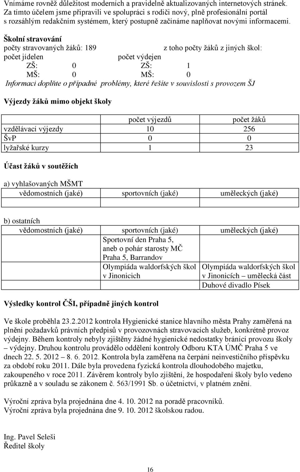 Školní stravování počty stravovaných žáků: 189 z toho počty žáků z jiných škol: počet jídelen počet výdejen ZŠ: 0 ZŠ: 1 MŠ: 0 MŠ: 0 Informaci doplňte o případné problémy, které řešíte v souvislosti s