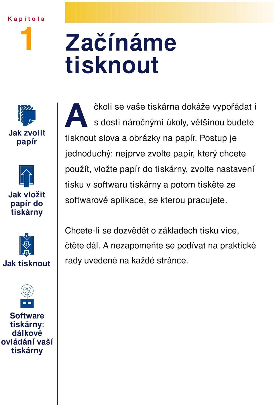 Postup je jednoduch : nejprve zvolte papìr, kter chcete pouûìt, vloûte papìr do tisk rny, zvolte nastavenì tisku v softwaru tisk rny a potom