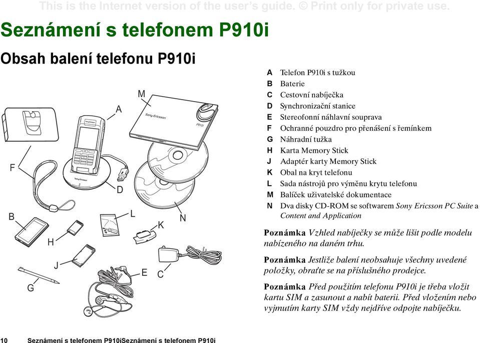 dokumentace N Dva disky CD-ROM se softwarem Sony Ericsson PC Suite a Content and Application Poznámka Vzhled nabíječky se může lišit podle modelu nabízeného na daném trhu.