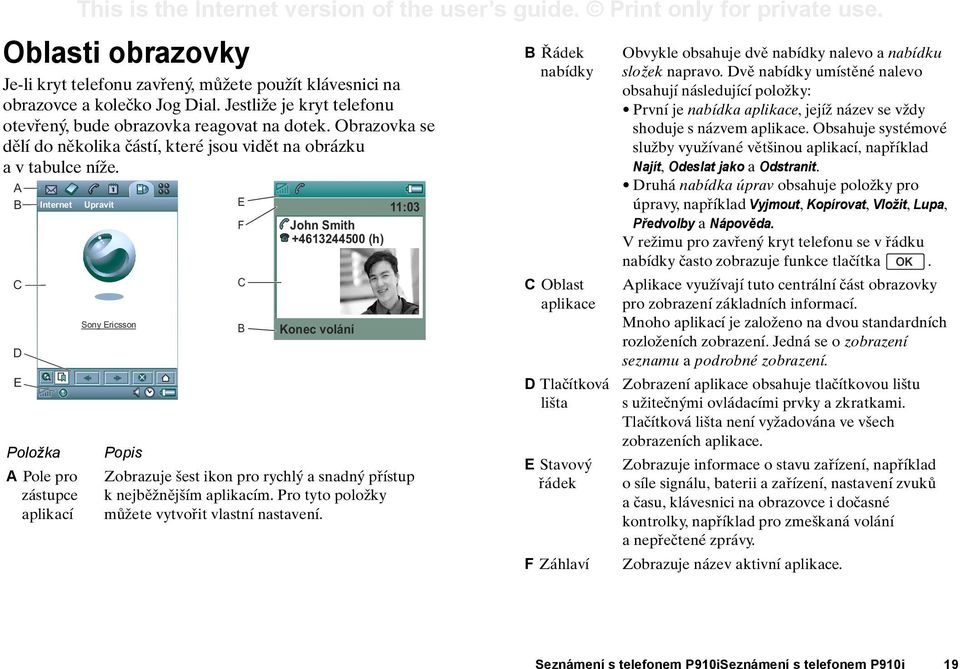 A B C D E Internet Chat Edit Upravit Položka A Pole pro zástupce aplikací Sony Ericsson Popis E F C B 11:03 John Smith +4613244500 (h) Konec volání Zobrazuje šest ikon pro rychlý a snadný přístup k