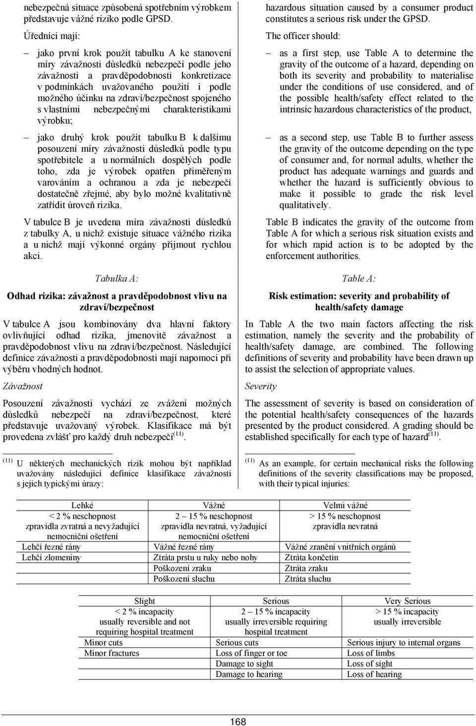 účinku na zdraví/bezpečnost spojeného s vlastními nebezpečnými charakteristikami výrobku; jako druhý krok použít tabulku B k dalšímu posouzení míry závažnosti důsledků podle typu spotřebitele a u