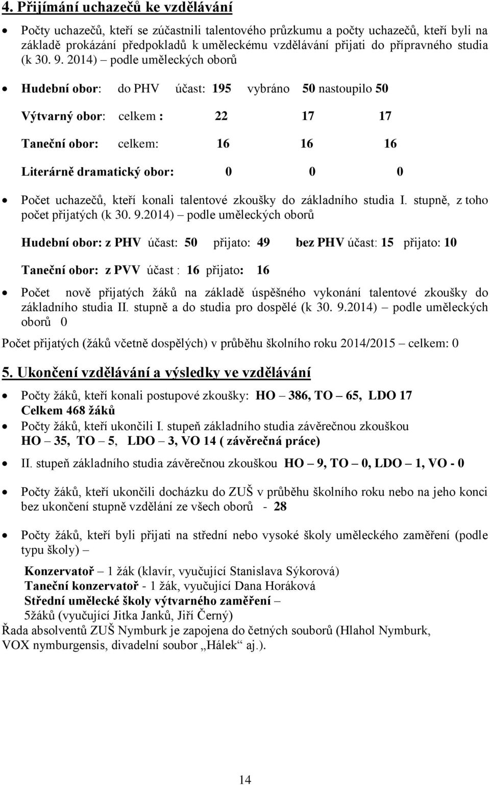 2014) podle uměleckých oborů Hudební obor: do PHV účast: 195 vybráno 50 nastoupilo 50 Výtvarný obor: celkem : 22 17 17 Taneční obor: celkem: 16 16 16 Literárně dramatický obor: 0 0 0 Počet uchazečů,