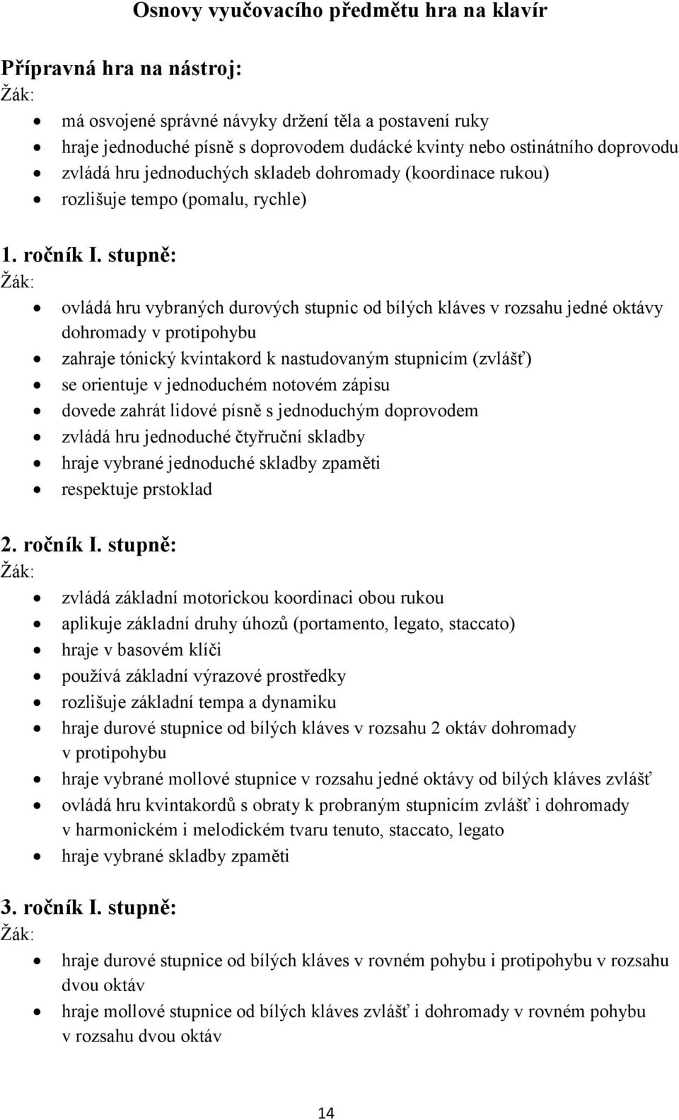 stupně: ovládá hru vybraných durových stupnic od bílých kláves v rozsahu jedné oktávy dohromady v protipohybu zahraje tónický kvintakord k nastudovaným stupnicím (zvlášť) se orientuje v jednoduchém