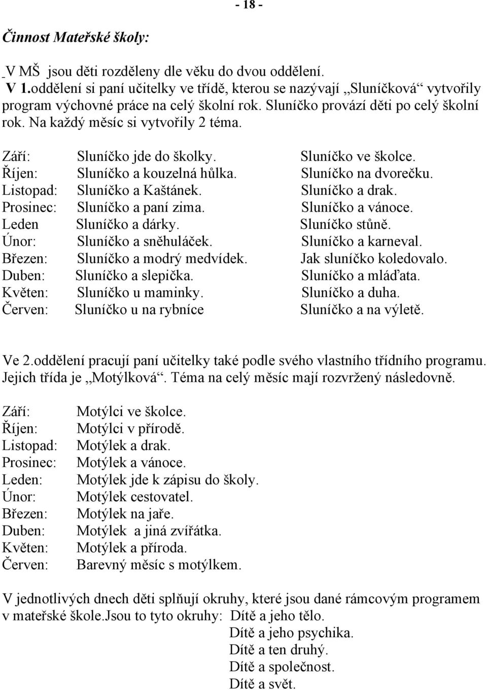 Září: Sluníčko jde do školky. Sluníčko ve školce. Říjen: Sluníčko a kouzelná hůlka. Sluníčko na dvorečku. Listopad: Sluníčko a Kaštánek. Sluníčko a drak. Prosinec: Sluníčko a paní zima.