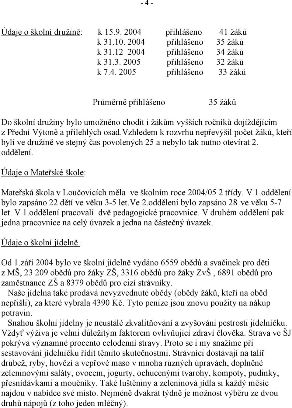 Údaje o Mateřské škole: Mateřská škola v Loučovicích měla ve školním roce 2004/05 2 třídy. V 1.oddělení bylo zapsáno 22 dětí ve věku 3-5 let.ve 2.oddělení bylo zapsáno 28 ve věku 5-7 let. V 1.oddělení pracovali dvě pedagogické pracovnice.