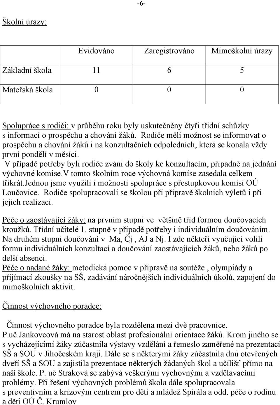 V případě potřeby byli rodiče zváni do školy ke konzultacím, případně na jednání výchovné komise.v tomto školním roce výchovná komise zasedala celkem třikrát.