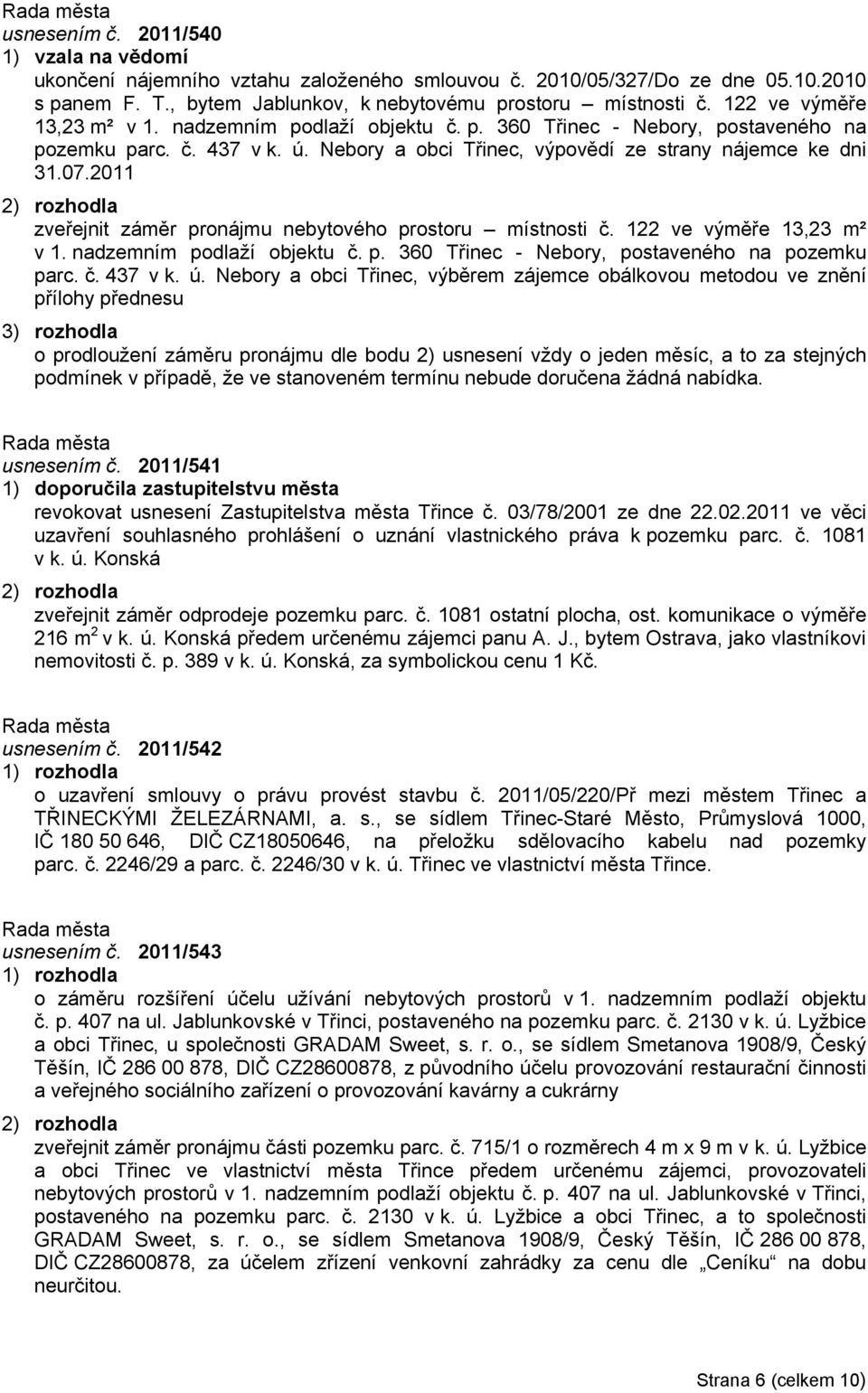 2011 zveřejnit záměr pronájmu nebytového prostoru místnosti č. 122 ve výměře 13,23 m² v 1. nadzemním podlaží objektu č. p. 360 Třinec - Nebory, postaveného na pozemku parc. č. 437 v k. ú.