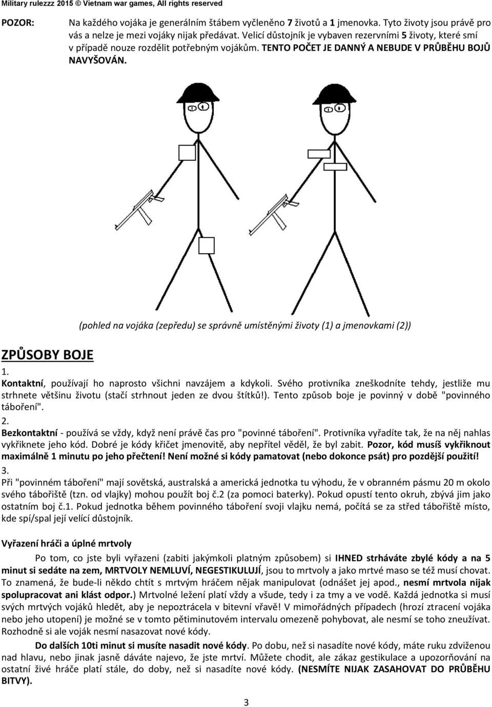 (pohled na vojáka (zepředu) se správně umístěnými životy (1) a jmenovkami (2)) ZPŮSOBY BOJE 1. Kontaktní, používají ho naprosto všichni navzájem a kdykoli.