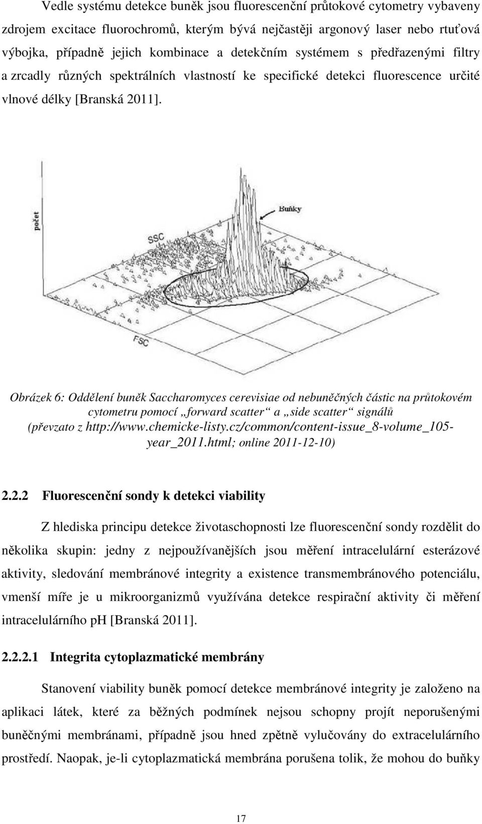 Obrázek 6: Oddělení buněk Saccharomyces cerevisiae od nebuněčných částic na průtokovém cytometru pomocí forward scatter a side scatter signálů (převzato z http://www.chemicke-listy.