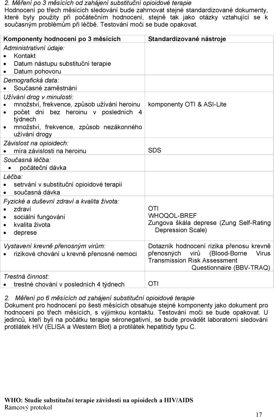 Komponenty hodnocení po 3 měsících Standardizované nástroje Administrativní údaje: Kontakt Datum nástupu substituční terapie Datum pohovoru Demografická data: Současné zaměstnání Užívání drog v