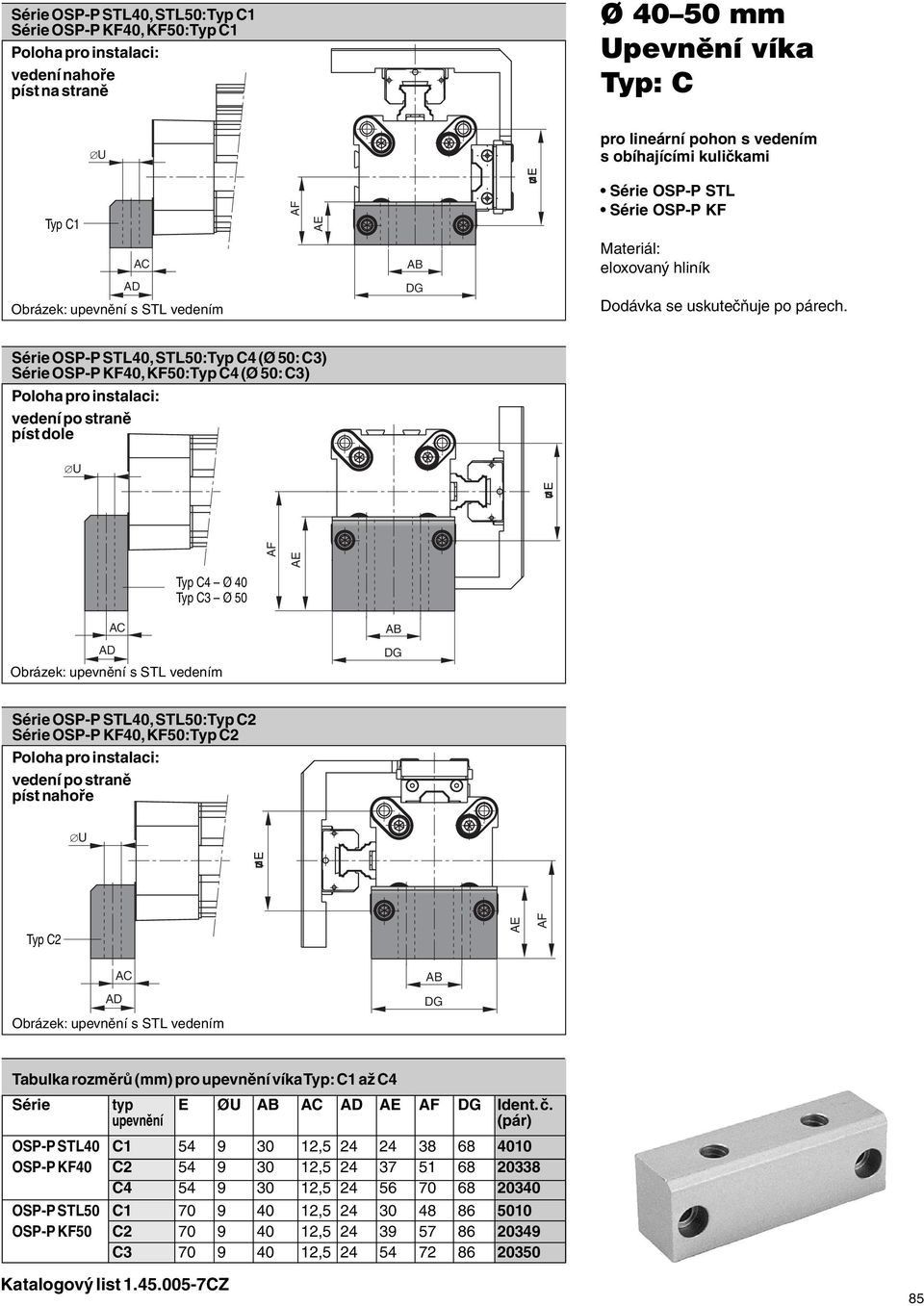 Série OSP-P STL40, STL50: Typ C4 (Ø 50: C3) Série OSP-P KF40, KF50: Typ C4 (Ø 50: C3) Poloha pro instalaci: vedení po straně píst dole Typ C4 Ø 40 Typ C3 Ø 50 Obrázek: upevnění s STL vedením AB DG