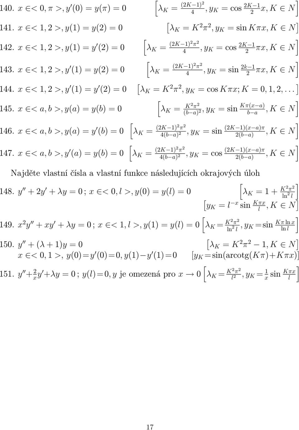 x < a, b >, y (a) = y(b) = 0 λ K = (K ) 4, y K = cos K x, K N λk = K π, y K = sin Kπx, K N λ K = (K ) π 4, y K = cos K πx, K N λ K = (K ) π 4, y K = sin k πx, K N λk = K π, y K = cos Kπx; K = 0,,,.