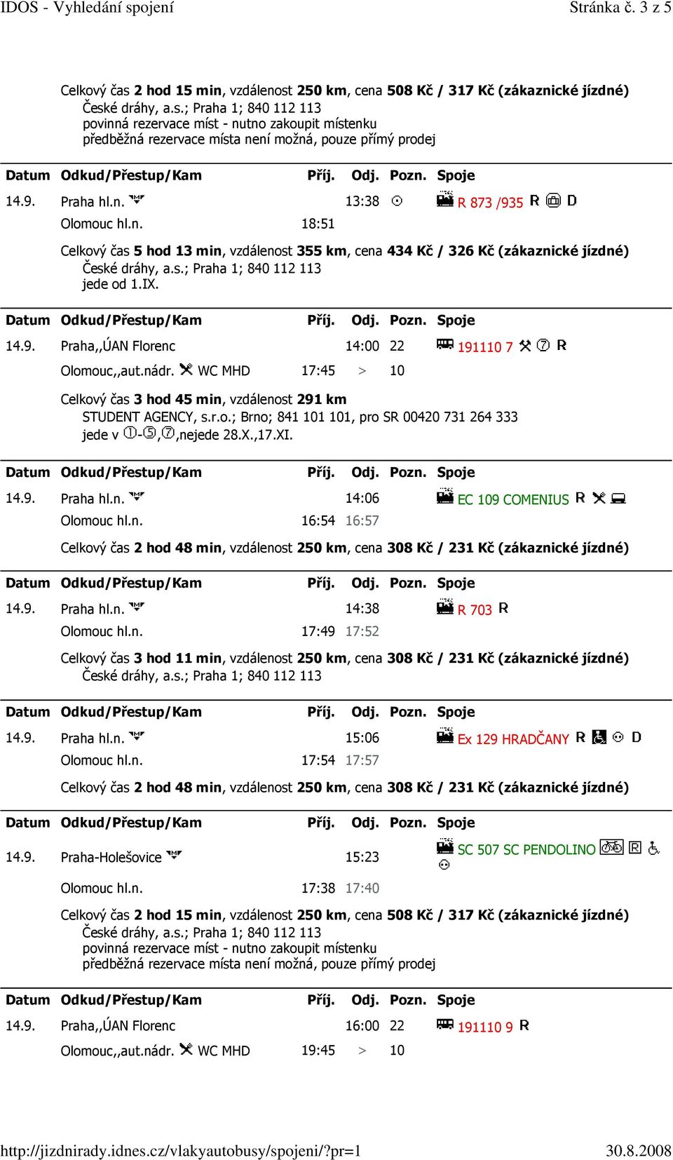 n. 17:49 17:52 14.9. Praha hl.n. 15:06 Ex 129 HRADČANY Olomouc hl.n. 17:54 17:57 14.9. Praha-Holešovice 15:23 SC 507 SC PENDOLINO Olomouc hl.