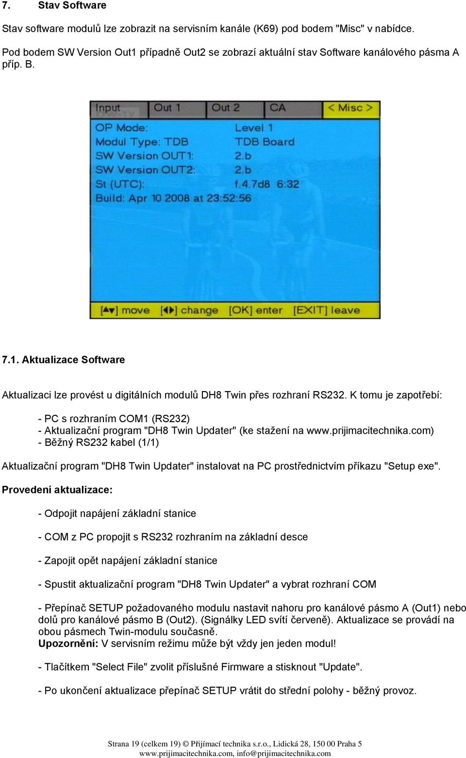 K tomu je zapotřebí: - PC s rozhraním COM1 (RS232) - Aktualizační program "DH8 Twin Updater" (ke stažení na www.prijimacitechnika.