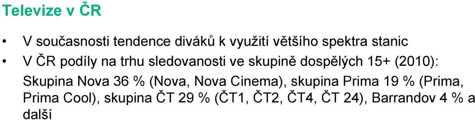 (2010): Skupina Nova 36 % (Nova, Nova Cinema), skupina Prima 19 %