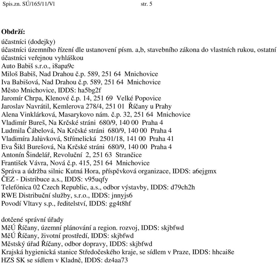 č.p. 32, 251 64 Mnichovice Vladimír Bureš, Na Krčské stráni 680/9, 140 00 Praha 4 Ludmila Čábelová, Na Krčské stráni 680/9, 140 00 Praha 4 Vladimíra Jalůvková, Střímelická 2501/18, 141 00 Praha 41