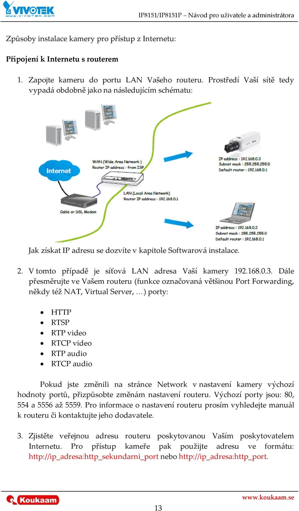 D{le přesměrujte ve Vašem routeru (funkce označovan{ většinou Port Forwarding, někdy též NAT, Virtual Server, ) porty: HTTP RTSP RTP video RTCP video RTP audio RTCP audio Pokud jste změnili na