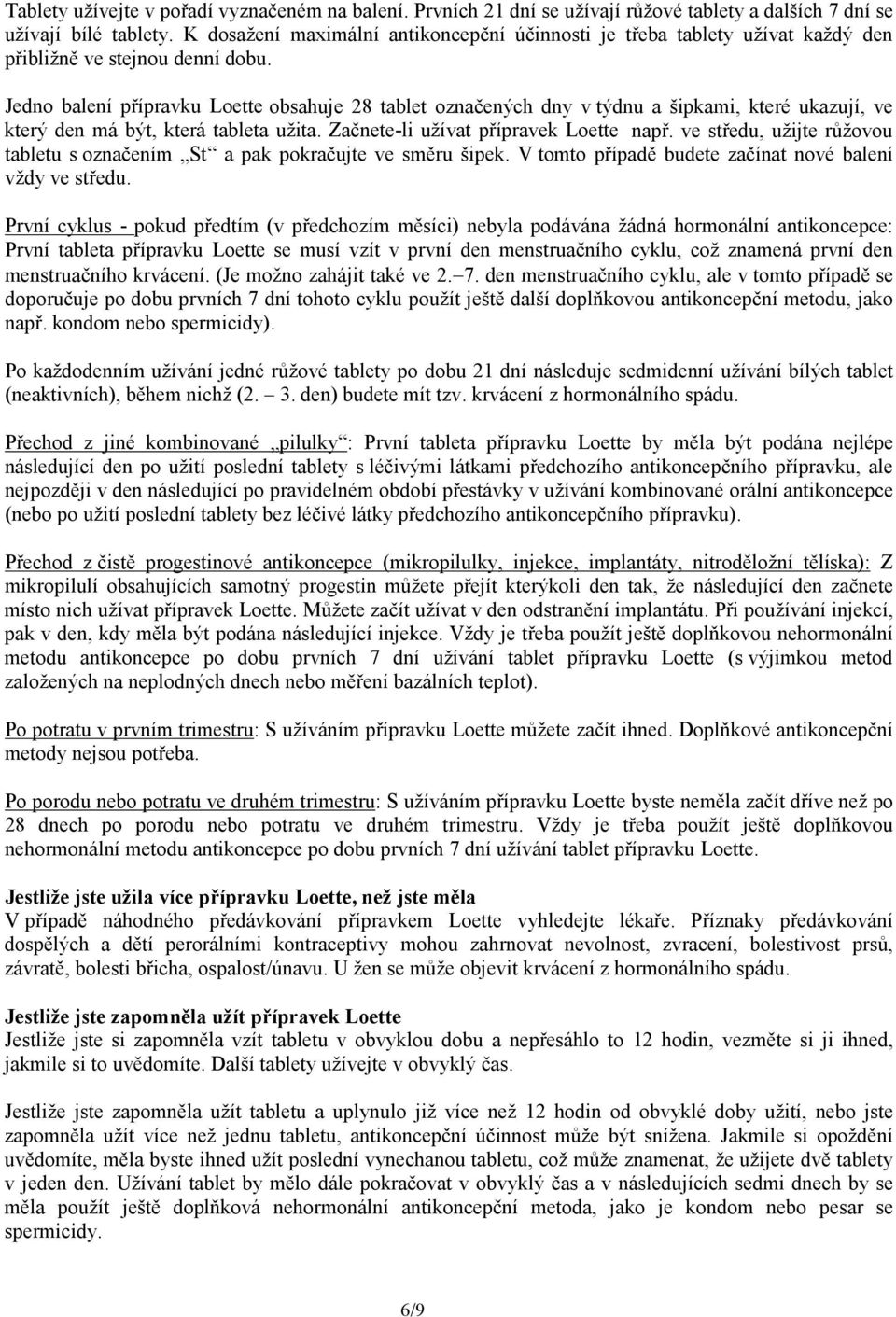 Jedno balení přípravku Loette obsahuje 28 tablet označených dny v týdnu a šipkami, které ukazují, ve který den má být, která tableta užita. Začnete-li užívat přípravek Loette např.