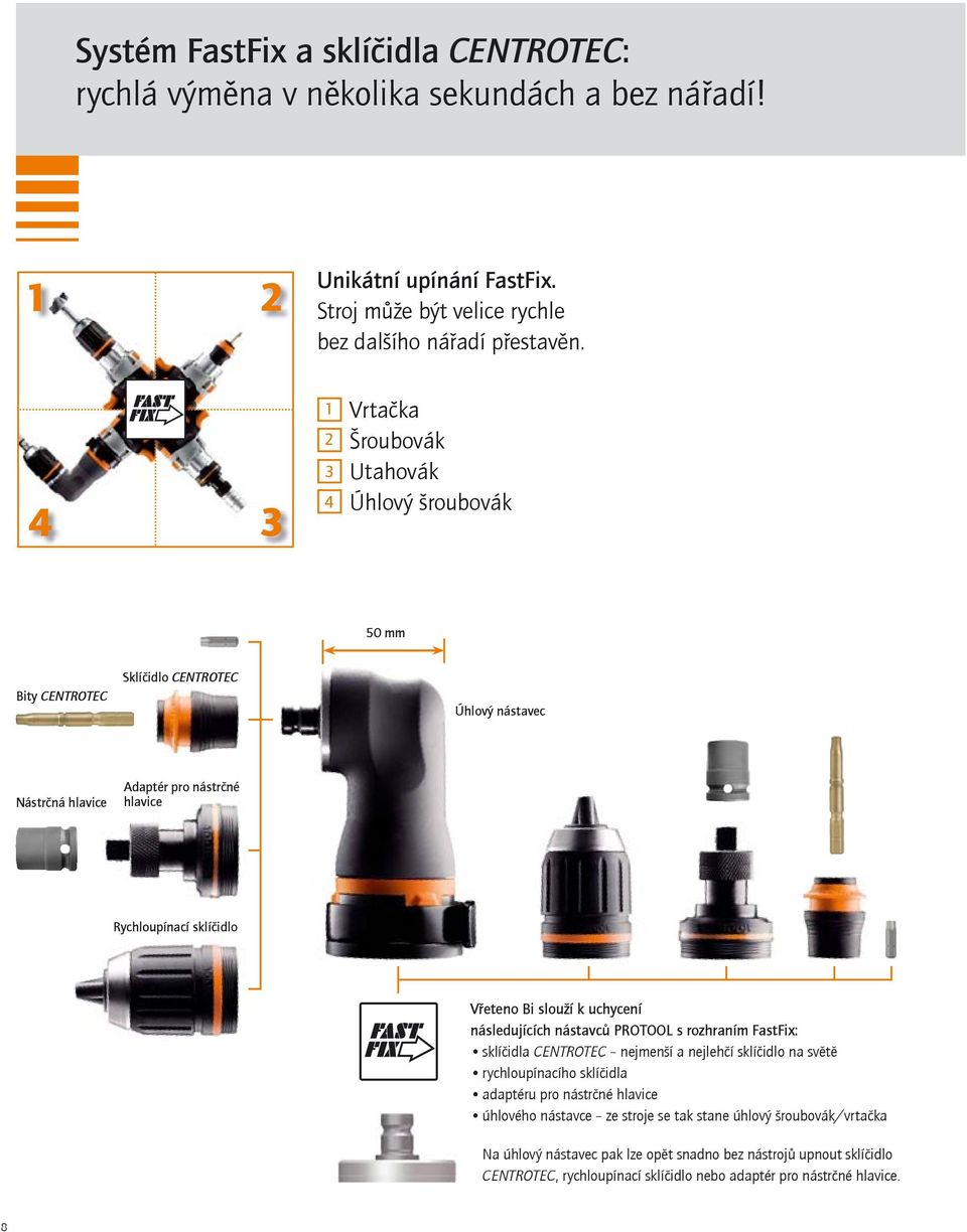 slouží k uchycení následujících nástavců PROTOOL s rozhraním FastFix: sklíčidla nejmenší a nejlehčí sklíčidlo na světě rychloupínacího sklíčidla adaptéru pro nástrčné hlavice